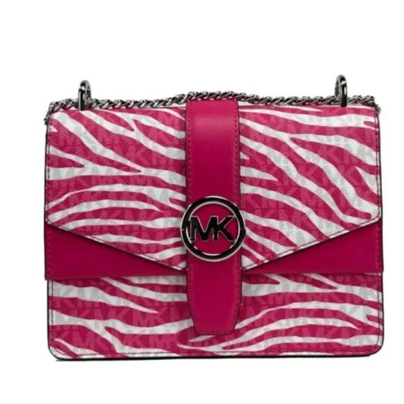Michael Kors Greenwich Small Flap Shoulder Crossbody Bright Pink White Handbag - Picture 9 of 9